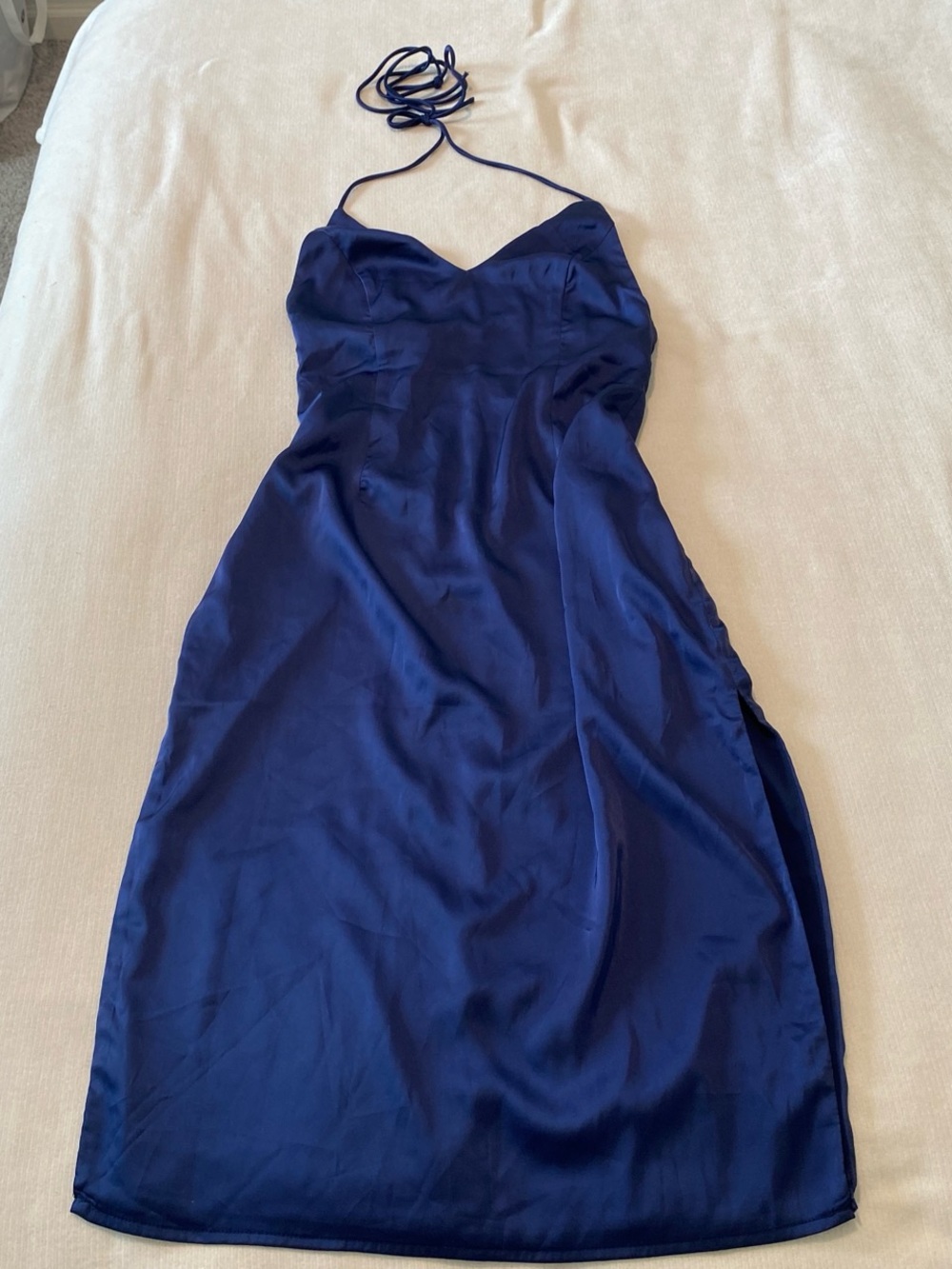 superdown Navy Strapless Satin Midi Dress with Halter Tie